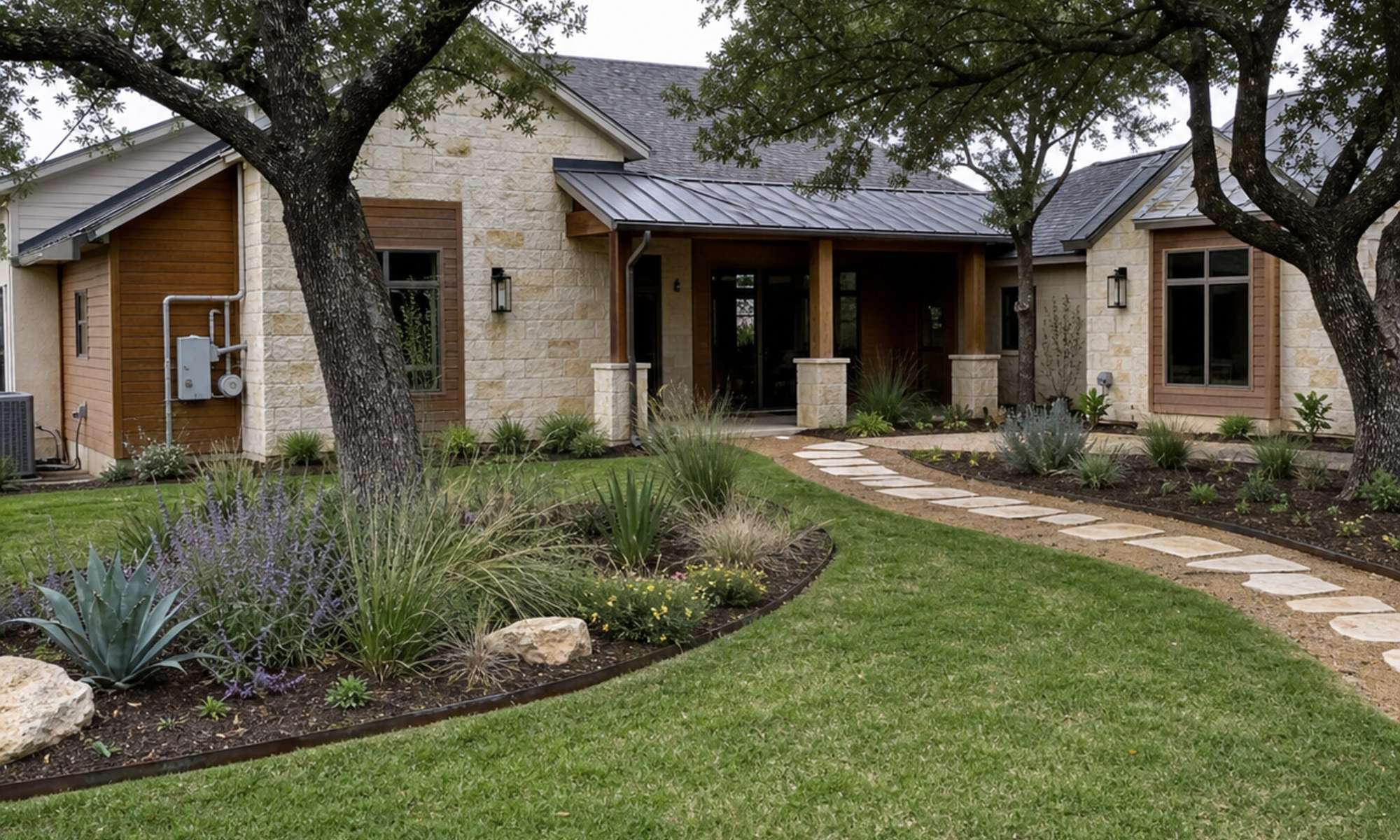 Finished Hill Country backyard with limestone terraces, native plantings, and outdoor lounge